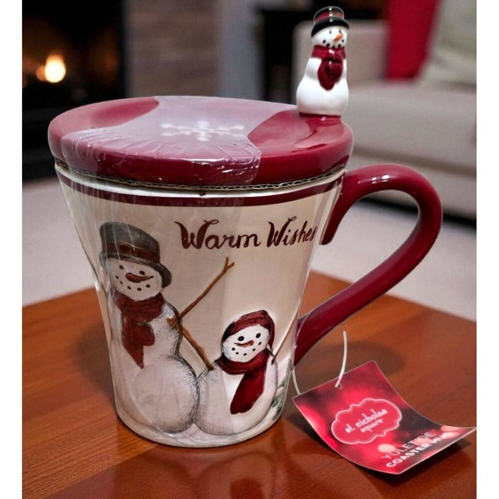 New Yuletide Snowman Mug Coaster Lid Holiday Cup Christmas Gift Warm Wishes Snow